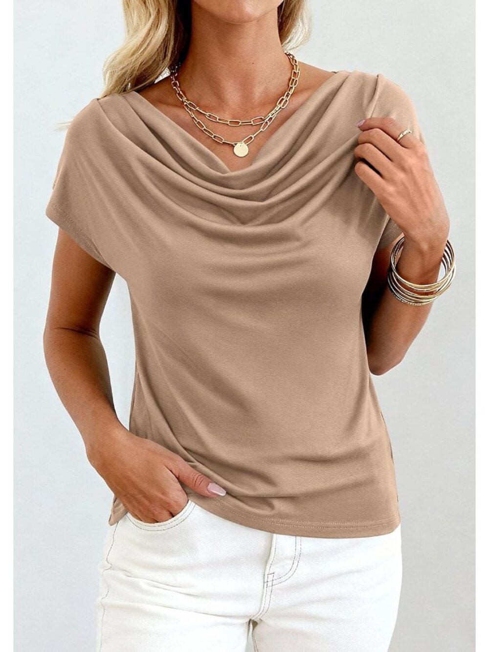 Women's Dressy Casual Khaki Summer Cowl Neck Short Sleeve Tops Spring Shirt - Picture 5 of 6